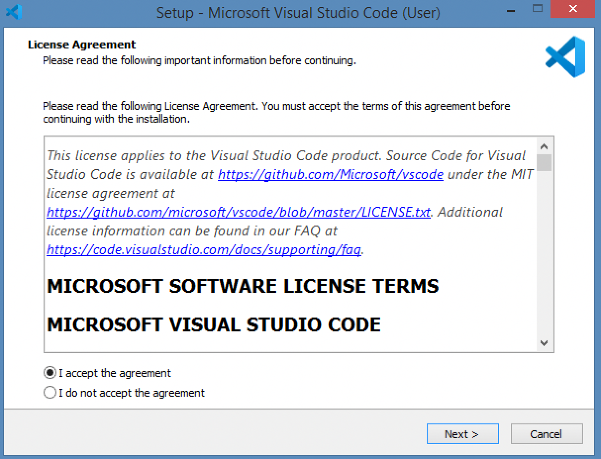 Windows版のVisual Studio Codeのインストール画面